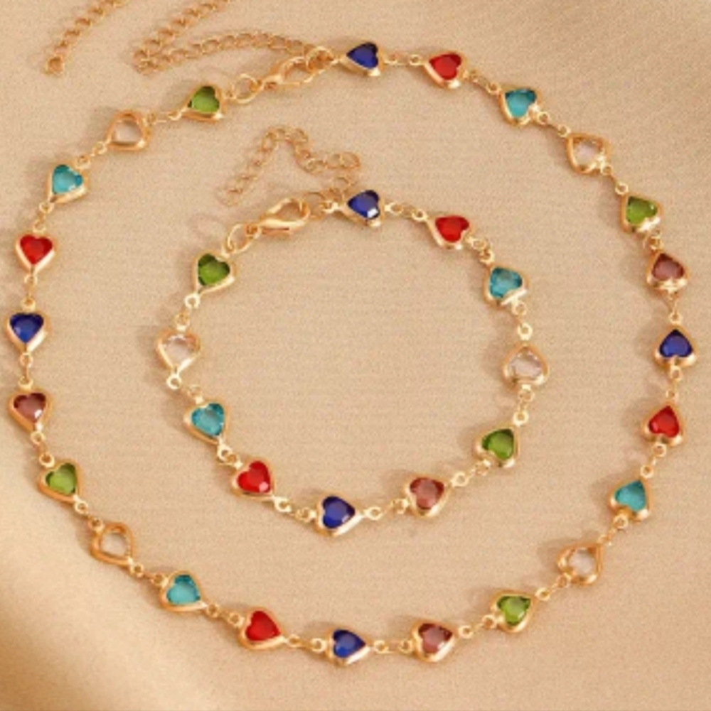 Multi Color Gems Gold Tone 12" + 4" ext Necklace & 7" + 2" ext Bracelet Set